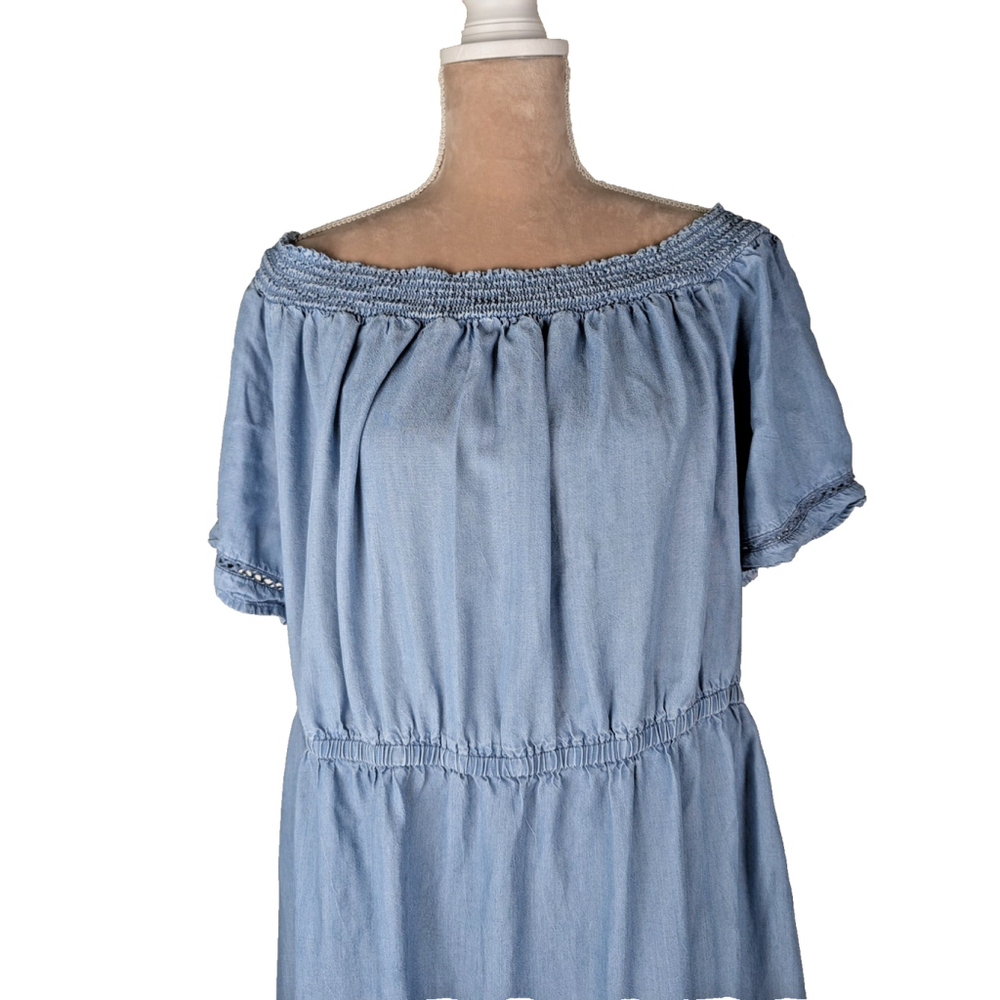 Old Navy Smocked Blue Chambray Midi Dress Off Shoulder 2XL Cowgirl Western - Picture 4 of 11